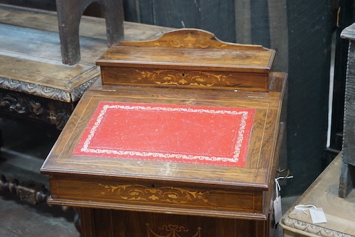 A late Victorian marquetry inlaid rosewood Davenport, width 53cm, depth 54cm, height 86cm